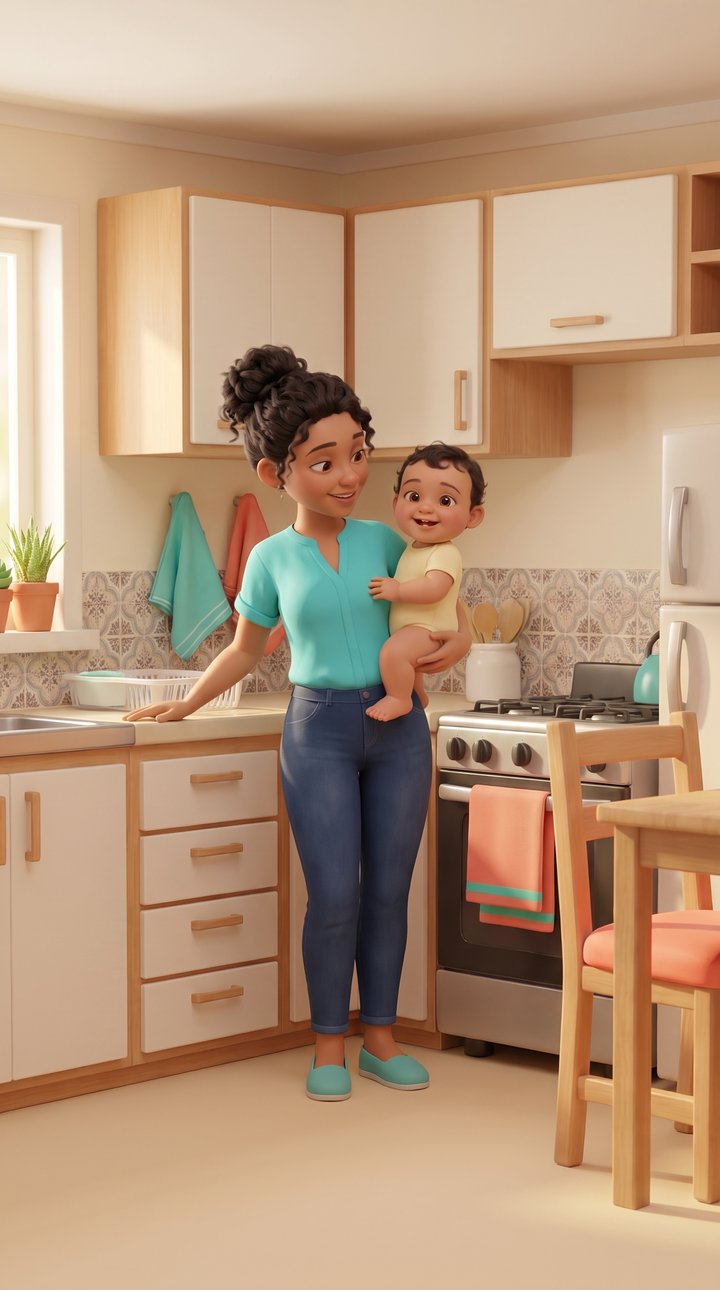 Ana com o Bento no colo na cozinha
