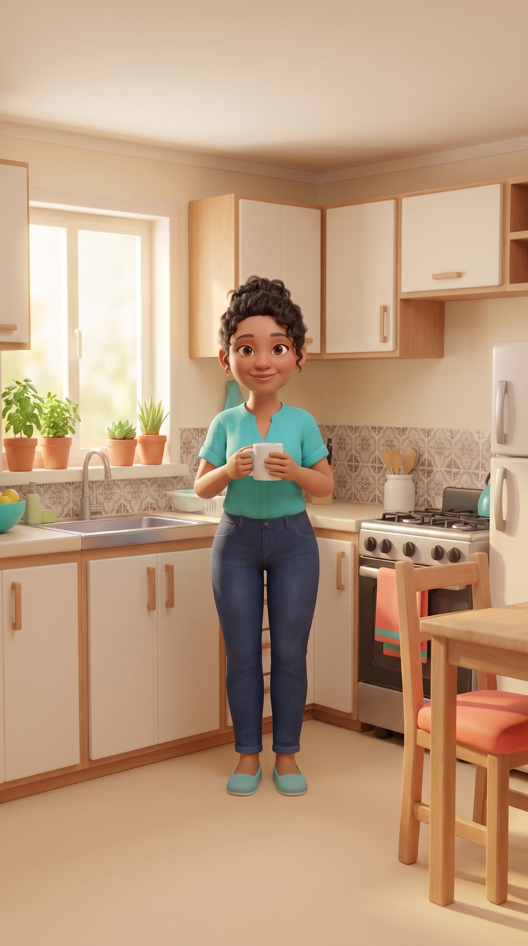 Ana sorrindo na cozinha de manhã, com uma caneca de café na mão