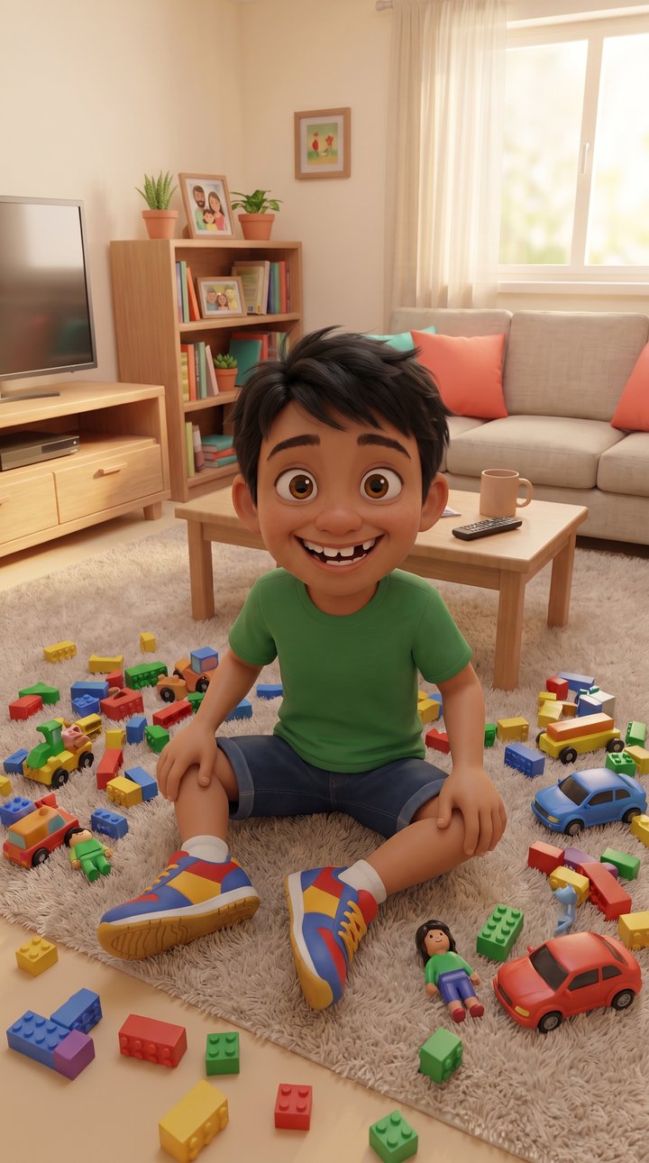 Pedro sentado no meio dos brinquedos espalhados na sala