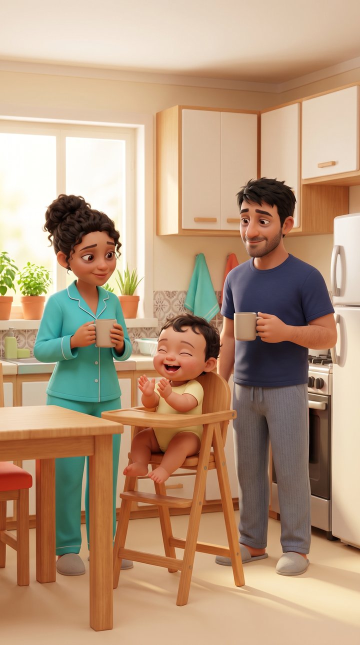 Café da manhã com o Bento rindo na cadeirinha
