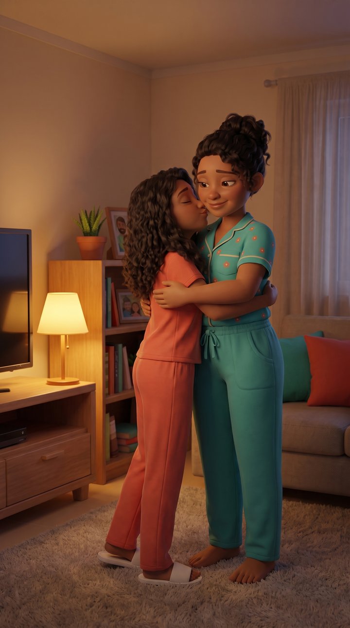 Júlia abraçando a Ana de pijama, à noite
