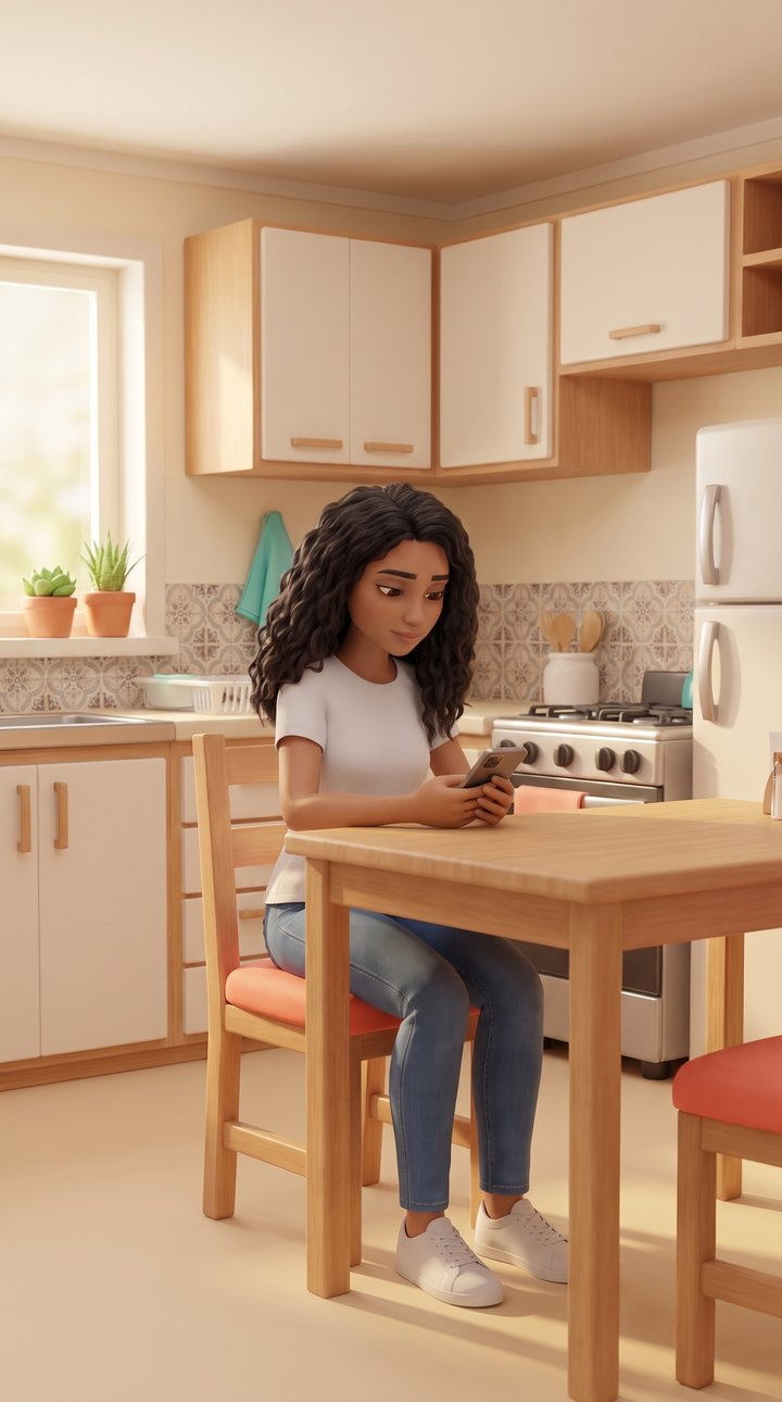 Júlia na mesa da cozinha, olhando o celular na mão